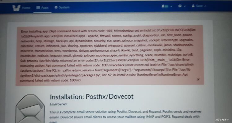 Postfix installation error in Freedombox. Cure: Try again!